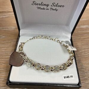 Sterling Silver Heart Charm Link Bracelet - Silver